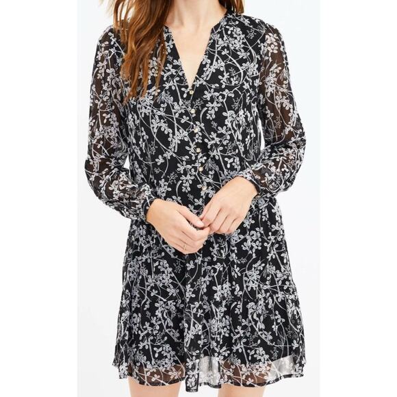 Ann Taylor Loft Dress Black White Floral Sheer Whimsigoth Tiered Long Sleeve - Picture 1 of 9